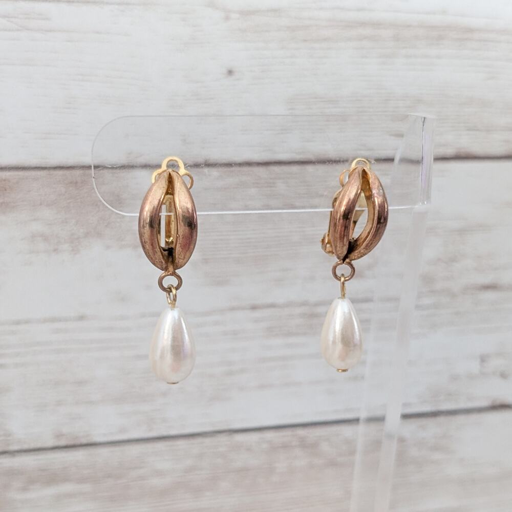 Vintage Clip On Earrings Faux Pearl Dangle - Fair Condition